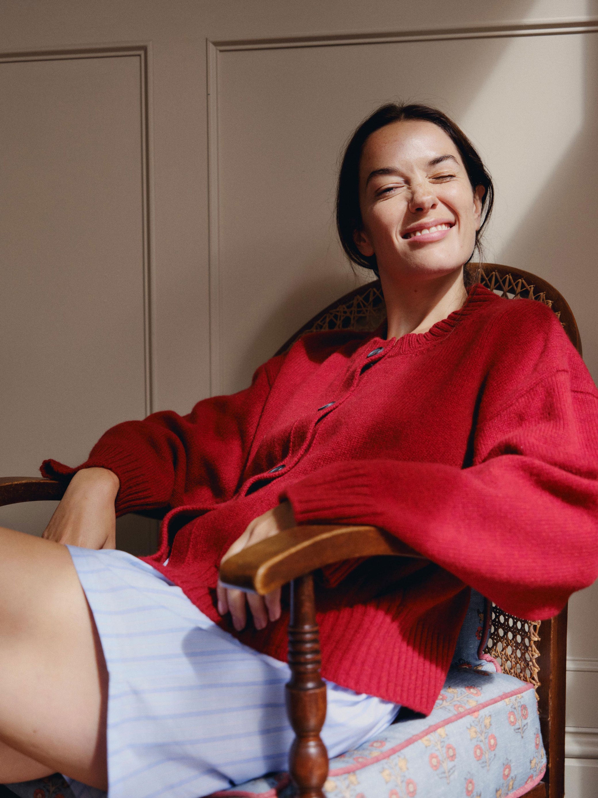 Red Crew Neck Wool Cardigan