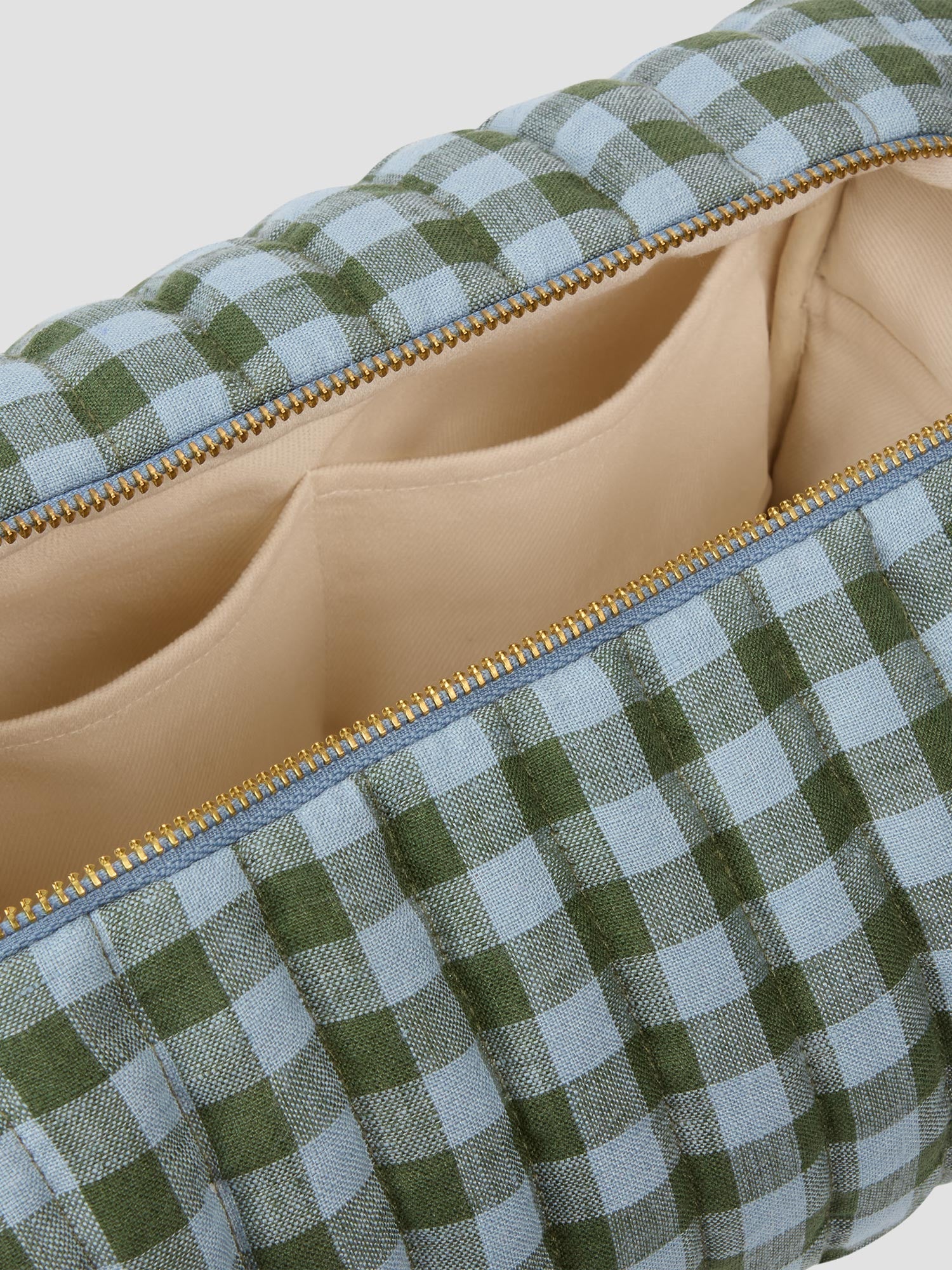 Fern Green & Dusk Blue Colour Drenched Gingham Linen Blend Wash Bag