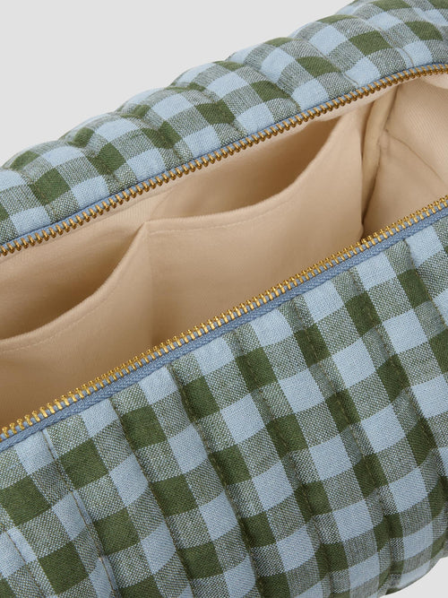 Fern Green & Dusk Blue Colour Drenched Gingham Linen Blend Wash Bag