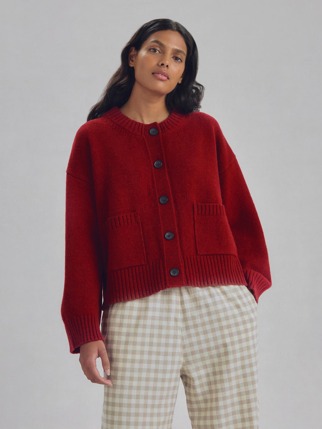 Red Crew Neck Wool Cardigan