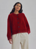 Red Crew Neck Wool Cardigan