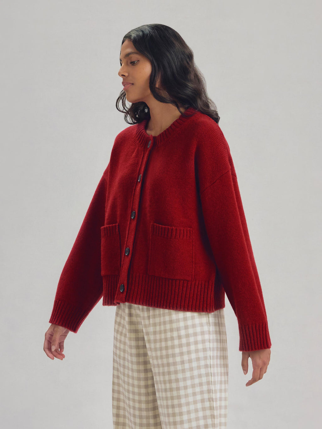 Red Crew Neck Wool Cardigan