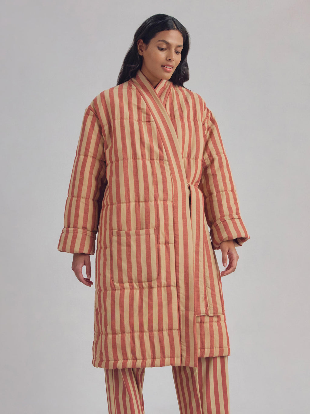 Sandstone Red Pembroke Stripe Linen Blend Housecoat