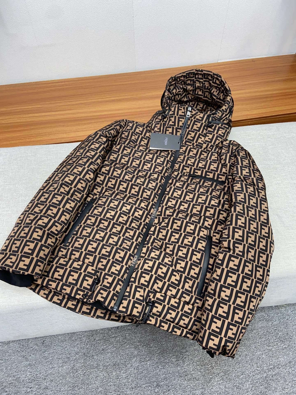 Fendi Brown Monogram Hooded Puffer Jacket