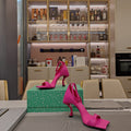 OPEN-TOE CURVED HIGH HEEL SANDALS IN DEEP PINK SMOOTH CALFSKIN